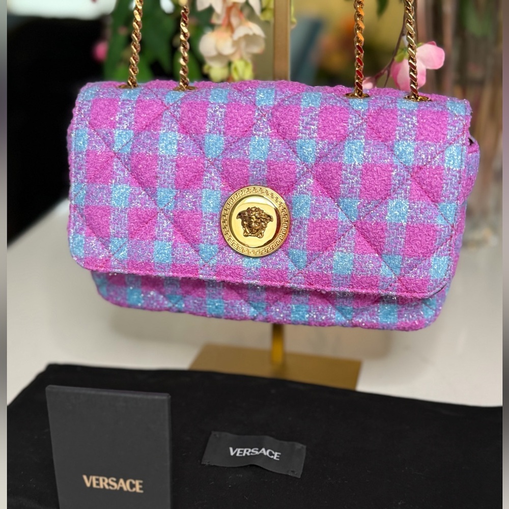 Versace La Medusa Gold Logo Medallion Boucle Tweed Quilted Flap Shoulder Bag NWT